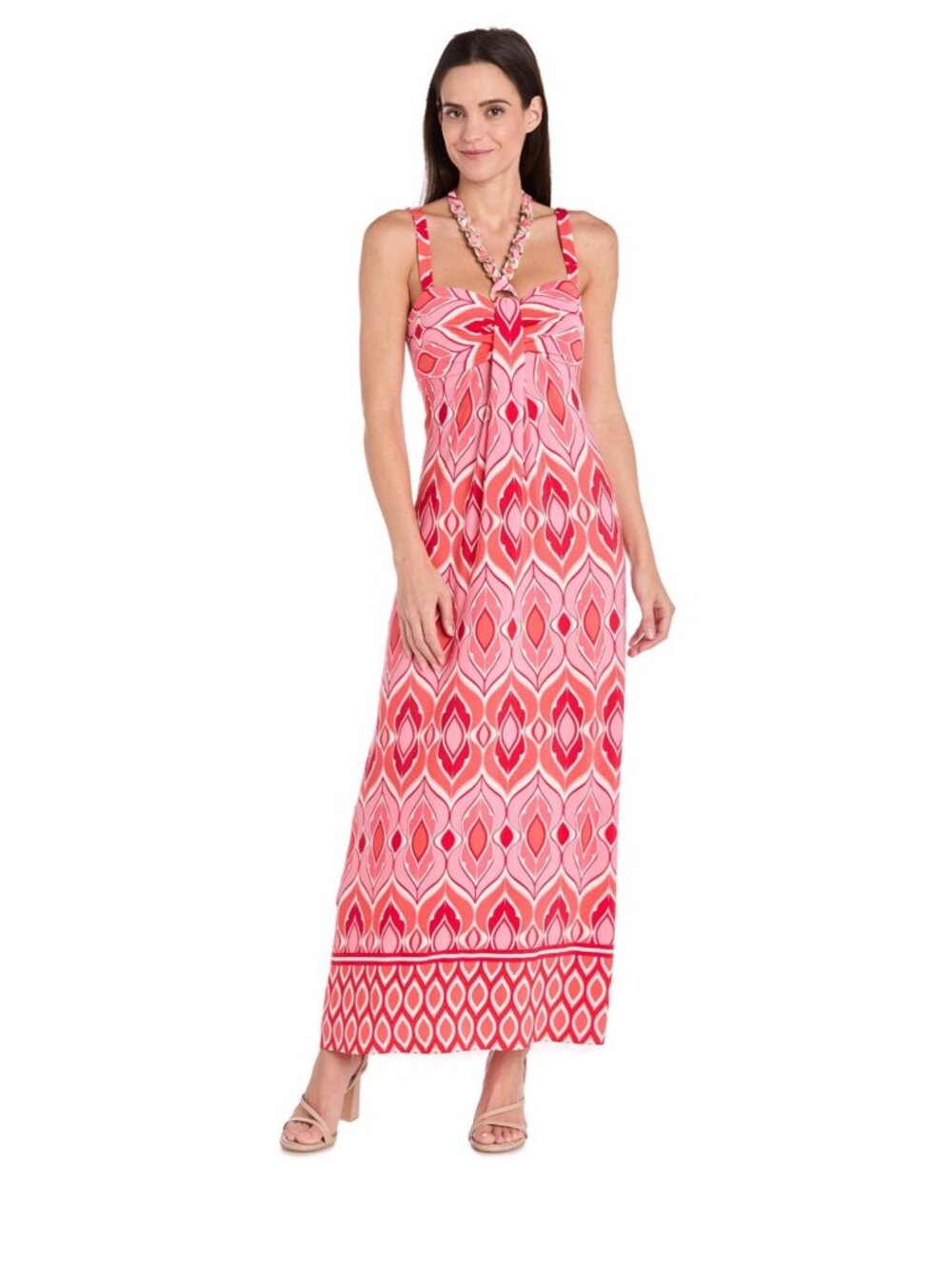 R&M Richards Coral/Pink Geometric Print Maxi Dress With Braided Halter Strap Sz
